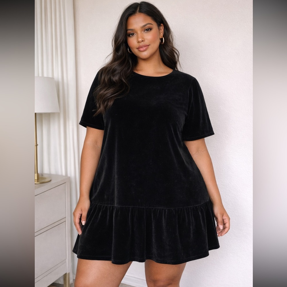 Nasty Gal Black Velvet Drop Waist Mini Dress | Short Sleeve | Size US 18
